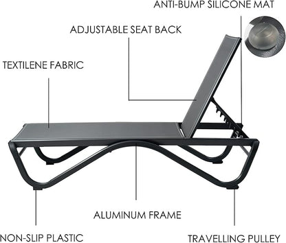 Kozyard Outdoor Chaise Lounge Chair, Full Flat Adjustable Patio Lounger with Aluminum Frame & Resin Legs, Textilene Fabric for Poolside, Backyard & Beach (Gray, Chair)