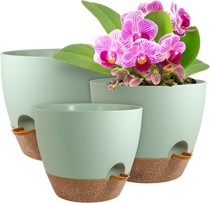 10/9/8 inch Self Watering Pots, Planter, Plant Pots with Mesh Drainage Holes for Indoor Outdoor Garden Plants, Plastic Flower Pots with Deep Reservoir for House Plants, Green with Brown