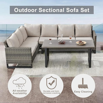 Belord Patio Sectional Furniture Set with Fire Pit Table: 8 Pieces Wicker Patio Conversation Set with L Shaped Sofa, Outdoor Swivel Glider Rocker, Rattan Ottomans, Removable Cushions Beige