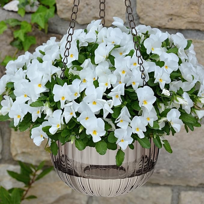 Meanplan 4 Pcs Self Watering Hanging Planter Indoor 6.5 Inch Hanging Baskets for Plants Outdoor Plastic Flower Pot with 3 Hooks Chains Drainage Holes for Garden Home, Medium Size(Gray)