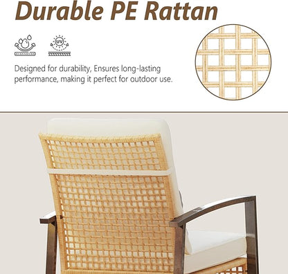 3 Piece Patio Rocking Chairs Set of 2, Outdoor Rocking Chair Bistro Set with Tempered Glass Coffee Table and Thick Lumbar Pillow Set, Front Porch Chairs for Garden, Backyard (Basic)