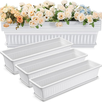 6 Packs 27 Inch Window Flower Box Extra Large Window Sill Herb Garden Long Rectangle Planter Plastic Boxes Outdoor with Drainage Trays for Balcony Windowsill Patio Garden