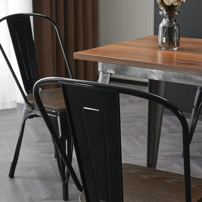 Nazhura Metal Dining Chair Farmhouse Tolix Style for Kitchen Dining Room Café Restaurant Bistro Patio, 18 Inch, Stackable, Waterproof Indoor/Outdoor (Sets of 4) (Black with Wood Padding)