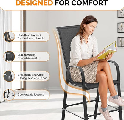 VINGLI Set of 2 Stackable Outdoor Bar Stools – Sling Chairs with High Back & Armrests, for Lawn, Garden, Bar, Black