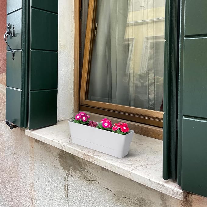 GREANER Flower Boxes, 3 Pack 12x3.8 Inch Rectangle Window Boxes, Herb Planters with Tray, Indoor Succulent Cactus Flowers Plastic Drawable Pot for Windowsill, Garden, Balcony, Office Outdoor (White)
