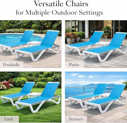 Kozyard Outdoor Chaise Lounge Chair, Full Flat Adjustable Patio Lounger with Aluminum Frame & Resin Legs, Textilene Fabric for Poolside, Backyard & Beach (Aqua/WhiteFrame, Chair Without Table)