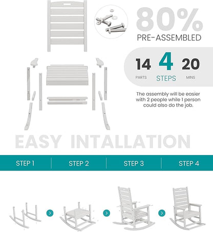 SERWALL Outdoor Rocking Chair Set of 2, Oversized Rocking Chair with Footboard for Adults, HDPE All Weather Resistant Rocking Chairs for Patio, 350lbs Weight Capacity, White