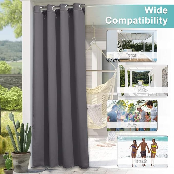 NICETOWN Outdoor Curtain for Patio Waterproof Extra Wide 100", Blackout Vertical Blinds Thermal Insulated Stainless Steer Grommet Indoor Outdoor Divider for Public Space, Grey, 1 Piece, 84" L