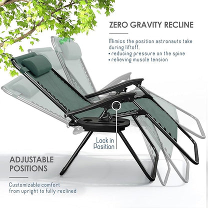 Nestl Zero Gravity Chairs Set of 4, Patio Lounge Chair Outdoor with Pillows & Cup Holder Trays, Adjustable Steel Mesh Reclining Camping Chair, Folding Patio Lawn Chair for Deck, Beach - Forest Green