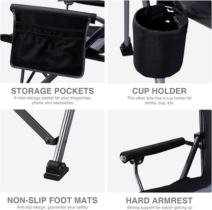 EVER ADVANCED Oversized Folding Camping Chair for Adults, Heavy Duty Lawn Chair with Side Pockets, Portable Collapsible Quad Chair for Outside, Support Up to 500lbs, Black