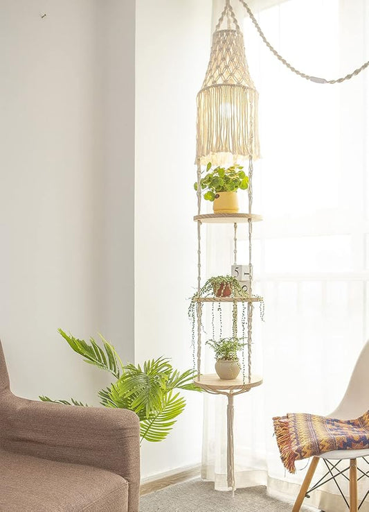 Macrame Plant Hanger Shelf Hanging Rope Shelf Indoor with Boho Lamp Shade 3 Tier Floating Round Shelves Decorative Shelf Flower Pot Holder Planter Display Rack Boho Home Decor-1 Set