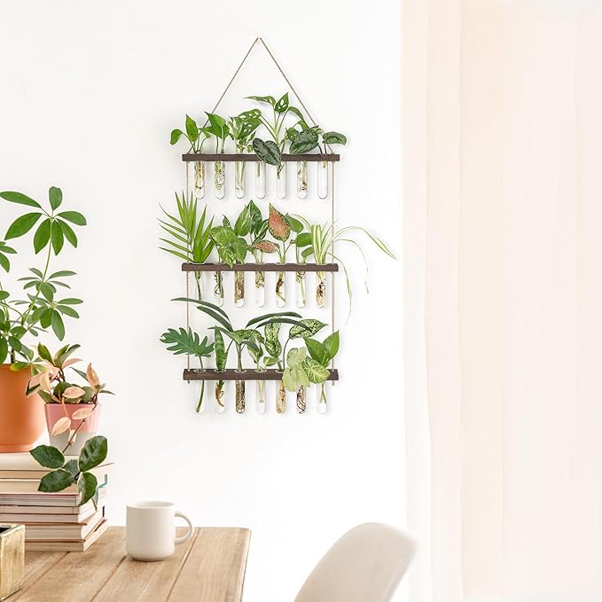 Mkono Plant Propagation Tubes, 3 Tiered Wall Hanging Terrarium with Wooden Stand & 21 Test Tube Vases for Hydroponic Plant Cutting & Home/Office Decor