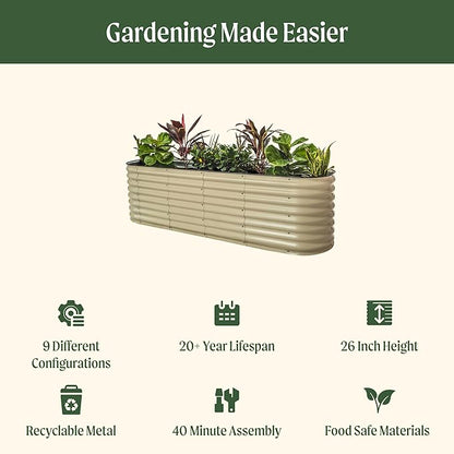 Vego garden 26" Extra Tall Raised Garden Bed Kits, 9 in 1 Modular Raised Planter Box for Vegetables Flowers Fruits Oval Metal Raised Garden Pearl White