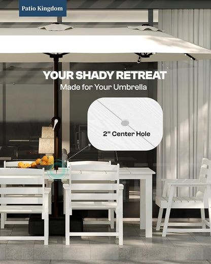 5-Piece White Outdoor Dining Set with White 11FT Large Patio Umbrella, 75.2'' HDPE Table & Chairs for 8, Weather-Resistant Furniture with Umbrella Hole for Patio, Lawn, Poolside