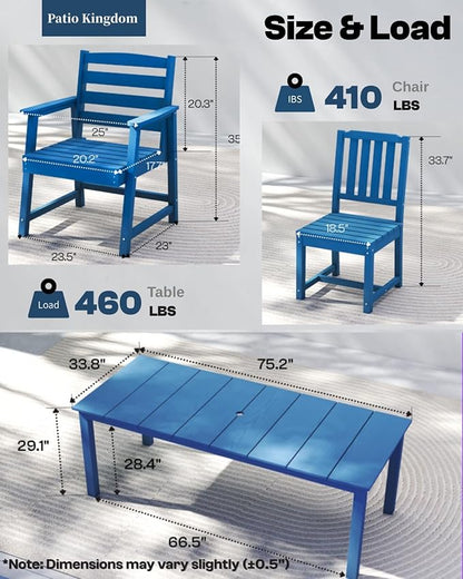 5-Piece Navy Blue Outdoor Dining Set with White 11FT Large Patio Umbrella, 75.2'' HDPE Table & Chairs for 8, Weather-Resistant Furniture with Umbrella Hole for Patio, Lawn, Poolside