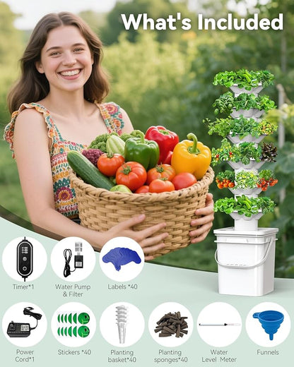 Vertical Hydroponics Growing System Kit, Indoor Outdoor Gardening System Kits, Herb & Fruits Growing Hydroponic Tower, 6 Layers (36 Pods)