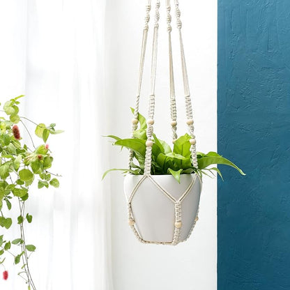 Mkono 43 Inch Macrame Plant Hanger Large for up to 12 Inch Pot Extra Long Hanging Plant Holder No Tassels Hanging Planter Basket with Wood Beads for Indoor Outdoor Boho Home Decor, Ivory