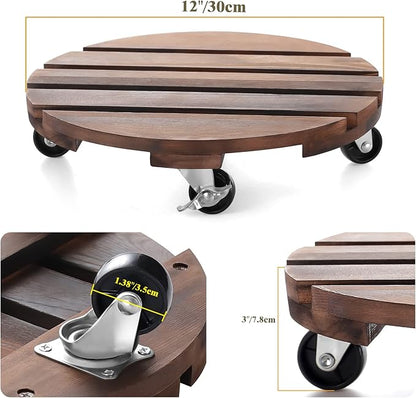 2pack 12" Plant Caddy Plant Stand with Wheels Rolling Plant Stand Heavy Duty Wooden Round Plant Dolly Rollers with Metal Lockable Casters Indoor Outdoor Pot Plant Roller Base Caddies,Patio,Flower Pot