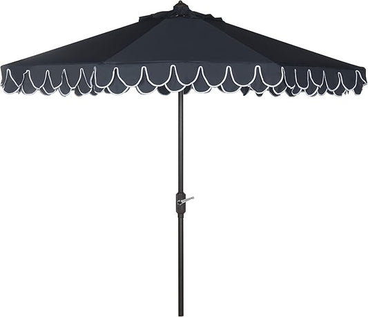 SAFAVIEH 9ft Outdoor Patio Umbrella, Round, Valance, Navy & White Trim, Auto Crank Tilt, UV Resistant for Deck, Backyard, Poolside (PAT8006A)