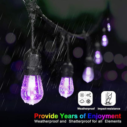 Mlambert 48FT Outdoor Patio Lights Waterproof Dimmable with Remote, RGB Cafe LED String Light with 15 Shatterproof Bulbs for Bistro Party-Black 1 Pack