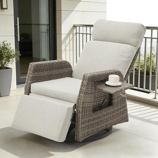 Adjustable Outdoor Recliner Chair with Independent Backrest & Footrest, Patio Swivel Recliner Chair, Wicker Reclining Patio Chair w/Flip-Up Table, Air Pump 155° Lay Flat Chaise Lounge, Gray