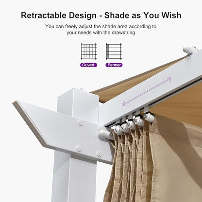 PURPLE LEAF 10' x 13' Outdoor Aluminum Pergola White Heavy-Duty Retractable Pergolas Patio Metal Pergola with Double Sun Shade Canopy and Light for Backyard Gardens Deck, Khaki