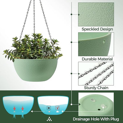 T4U 8 Inch Hanging Planter for Indoor Plants, 2 Pack Small Pots with Drainage Holes, Flower Basket Plant Holder for Home, Green
