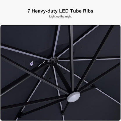 PURPLE LEAF 10 Feet Patio Umbrella with Base Outdoor Cantilever Solar Powered LED Square Umbrella Aluminum Offset Umbrella with 360-degree Rotation for Garden Deck Pool Patio, Grey