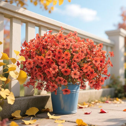 Fall Outdoor Artificial Flowers 16 Bundles - UV Resistant Faux Daisy with Eucalyptus Leaves, Weatherproof Fake Plants for Porch, Patio, Garden Decor, Indoor Outdoor Decor (Fall Orange Red)