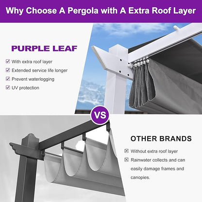 PURPLE LEAF Outdoor Retractable Pergola with Curtains 10' x 13' White Patio Aluminum Pergola with Sun Shade Canopy for Backyard Deck Garden Modern Metal Pergola, Gray