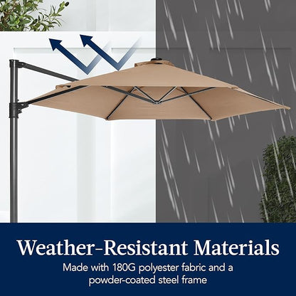 Best Choice Products 10ft Solar LED Offset Cantilever Hanging Market Patio Umbrella, Smooth 360° Rotation, 8 Sturdy Ribs, Easy Adjustment - Tan