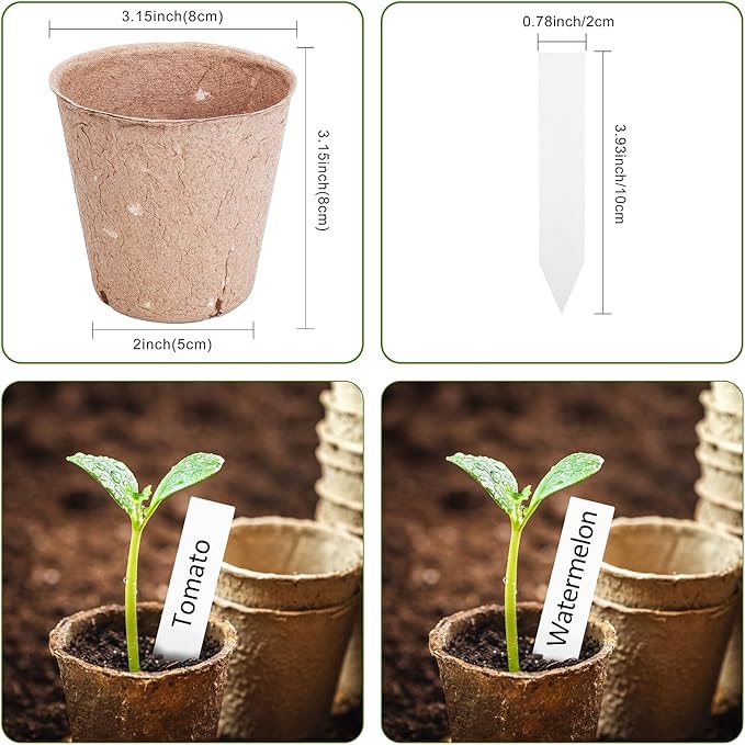Peat Pots, 60 Pack Plant Starter Round Nursery Pot with Drainage Holes, Garden Germination Seedling Pots with 30 Plant Labels (3.15 Inch)