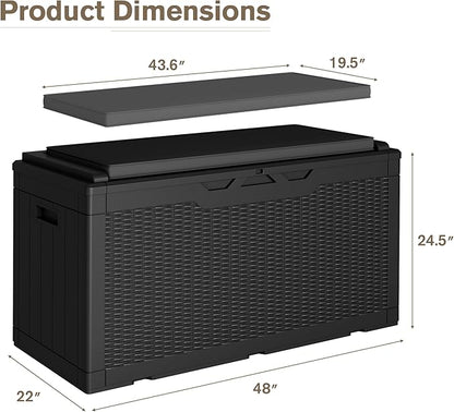 JUMMICO 100 Gallon Resin Deck Box with Cushion, Waterproof Outdoor Storage Box with Lockable Lid for Garden Tools, Patio Cushions (Black)