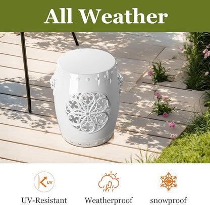 EFU Resin Garden Stool Indoor Outdoor,Decorative Antique Classic-Like Appearance, Waterproof UV Resistant Lightweight Sturdy,for Living Room, Garden Room, Patio(White)