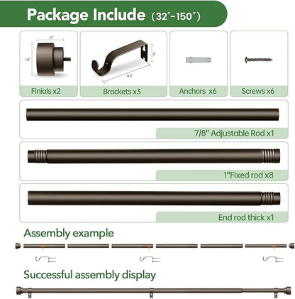Curtain Rods for Windows 72 to 144, 1 Inch Adjustable Heavy Duty Long Window Drapery Rods with End Caps, Indoor Outdoor Curtain Rod for Patio Bedroom, Size 32" - 150", Antique Bronze