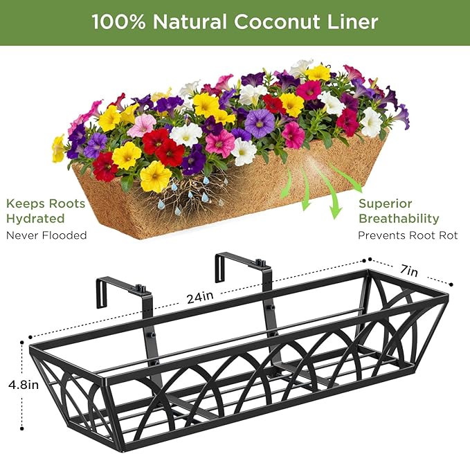 Y&M 24 Inch Fence Metal Hanging Flower Planter Window Basket Deck Railing Planter Boxes for Outdoor Garden Lawn， Window Deck with Coco Liner,6pcs