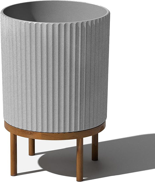 Veradek Demi Series Round Planter w/ Stand for Porch/Patio | Durable Plastic-Concrete & Wooden Stand | Modern Décor for Tall Plants, Flowers