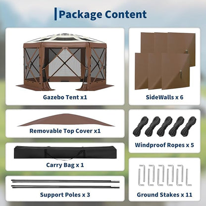 13x13FT 6-Sided Pop Up Gazebo Tent，One-Push Setup Canopy Tent with Removable Canopy Top & Wind Cloths, Outdoor shelter for Camping, Backyard Parties, Outdoor Events - Beige & Khaki