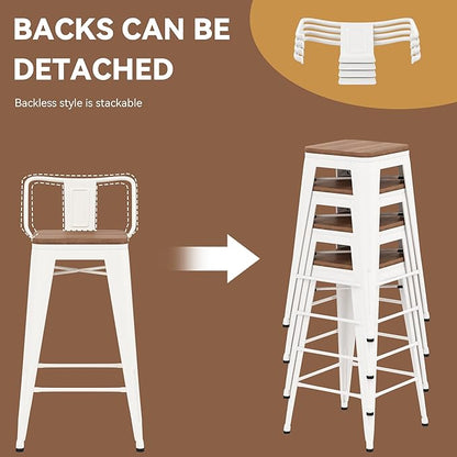 Yongchuang 26 inch Bar Stools Set of 2 Kitchen Counter Height Chairs with Wood Seat Industrial Low Back Metal Barstools Cream White