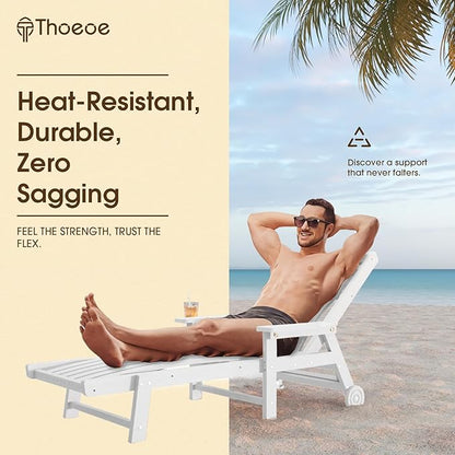 Patio Chaise Lounge Chair Set of 4, Oversized Lounge Chair Outdoor with 5 Positions, HDPE, Patio Lounge Chair with Wheels & Cup Holder for Pool, Deck, Poolside,White