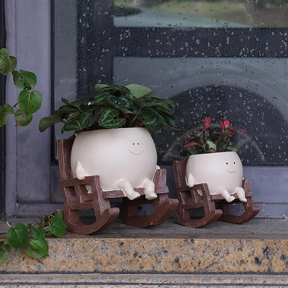 Smily Face Planter Pot Cute Resin Flower Head Planters for Indoor Outdoor Plants Unique Sitting Rocking Chairs Succulent Pots for String of Pearls Plant Live Gift Ideals with Drainage Hole