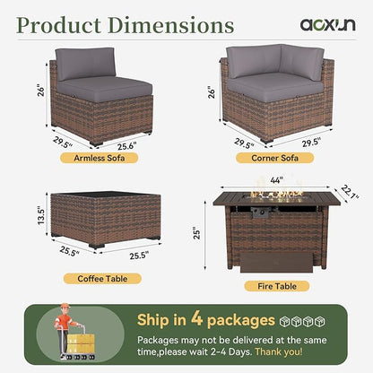 Aoxun 11 Piece Patio Furniture Set with 44” Fire Pit Table Wicker Rattan Outdoor Sectional Sofa Set with Coffee Table and Thickened Cushions, Gray (Waterproof Cover Included)