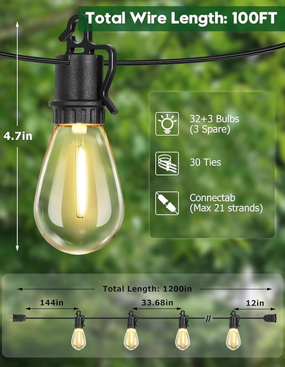 100FT Outdoor String Lights with 35 Shatterproof Patio Deals S14 Vintage Edison Bulbs E12 Sockets,2700K Dimmable Outdoor Lights,IP55 Waterproof LED String Lights for Outside, Patio Lights