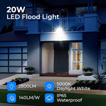 CINOTON 20W LED Flood Lights Outdoor, IP65 Waterproof Exterior Security Wall Lights with 180°Knuckle, 2800LM 120V Outside Aluminum Lighting Fixture for Buidings Garage Doorway 5000K 4 Pack, UL Listed