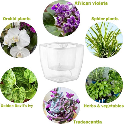 6-Pack 7 Inches Clear Self Watering Planters for Indoor Plants Large African Violet Plant Pots Plastic Wick Flower Pots with Water Injection Hole, Orchid Plant Pot Set, Clear