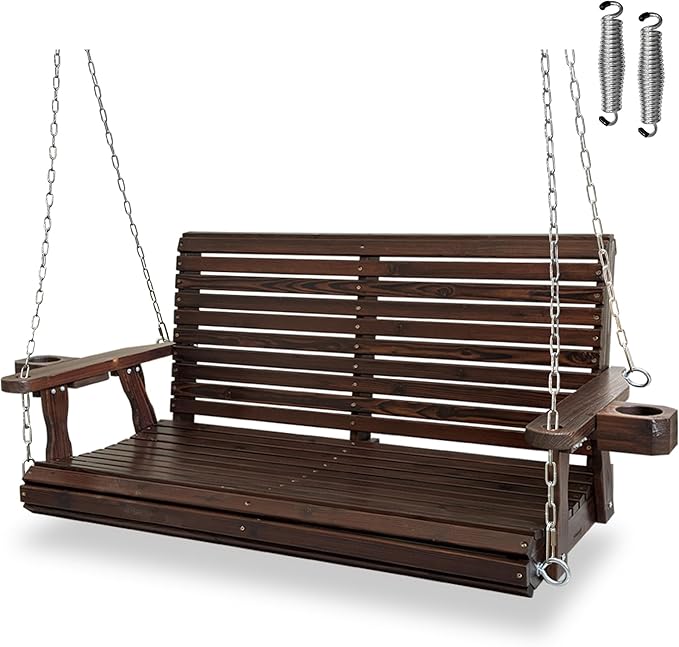 Wooden Porch Swing 2-Seater, High Backrest and Deep Seat, Bench Swing with Cupholders, Hanging Chains and 7mm Springs, Heavy Duty 880 LBS, for Outdoor Patio Garden (Deep Brown, 4.5 feet Extra-Large)