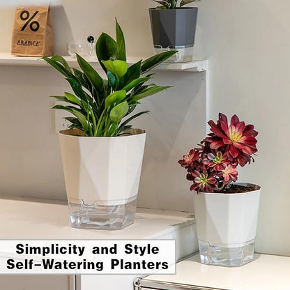 4 Packs Self Watering Plant Pots, Plastic Flower Pots with Drainage Hole and Saucer, Self Watering Planters for Indoor Outdoor Garden Plants, African Violet, Herbs (White, 5")