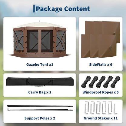 11.5x11.5FT 6-Sided Pop Up Gazebo Tent，One-Push Setup Canopy Tent with Mesh Panels & Removable Wind Cloths, Outdoor shelter for Camping, Backyard Parties, Outdoor Events - Beige & Khaki