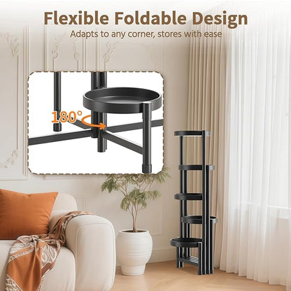 LASZOLA 5 Tiered Folding Tall Plant Stand Indoor for Multiple Large Planter, Heavy Duty Metal Adjustable Flower Rack for Narrow Corner, Sturdy Vertical Spiral Shelving Holder for Modern House, Black