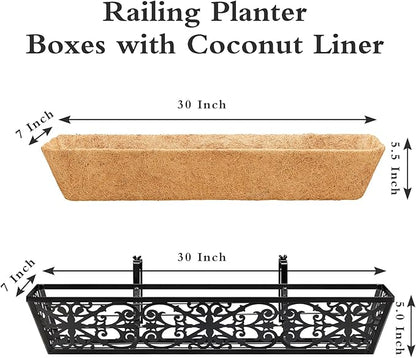 6 Pack 30 Inch Window Boxes Planters Railing Planter Box with Adjustable Brackets & Coco Liners Fabric Plant Grow Bags Deck Railing Planter Boxes Balcony Hanging Flower Box for Outdoor Plants